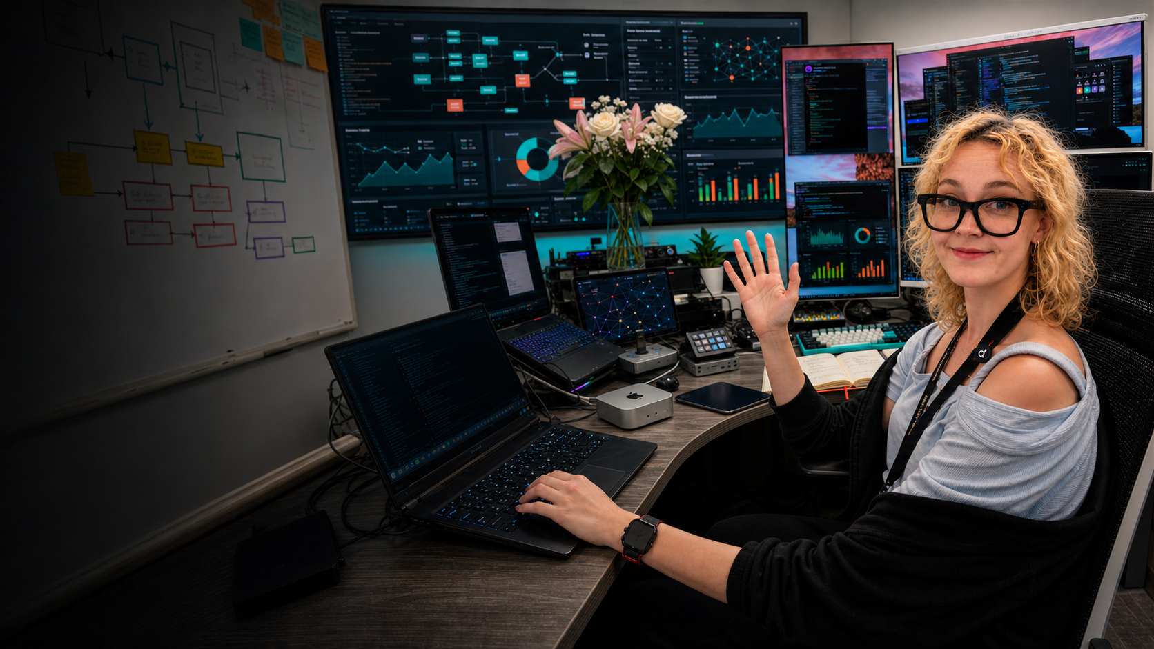 Anastasia waving in a real automation office with coding monitors, gadgets, flowers, a wall-sized dashboard screen, and a whiteboard with workflow diagrams